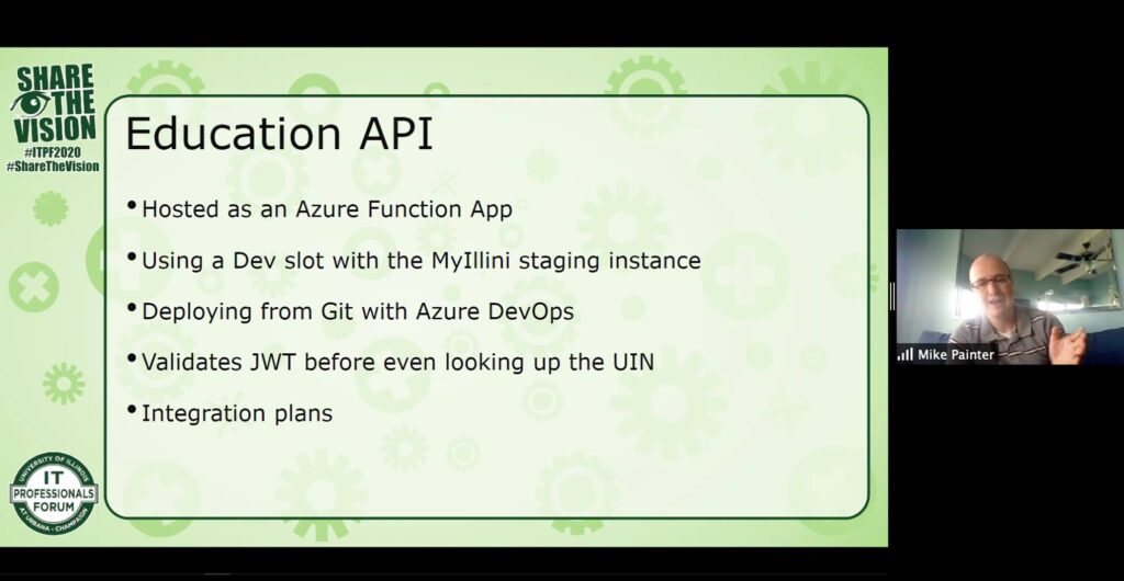 screenshot of Mike Painter's ITPF presentation with slide about Education API