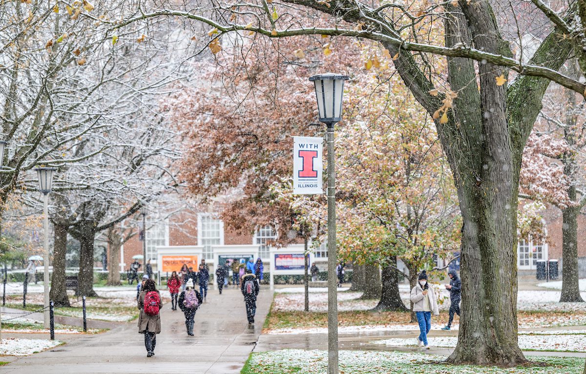 Students walking on quad in winter time