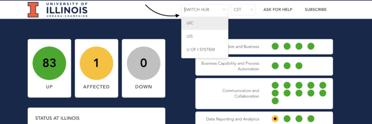 Screenshot of Status at Illinois showing the "Switch Hubs" dropdown button at the top of the site