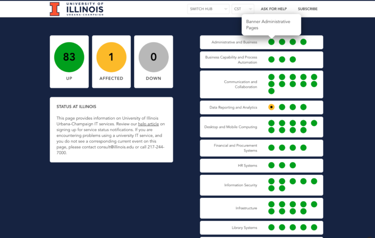Screenshot of Status at Illinois with the summary of services on the left side and colored dots representing individual services on the right side.