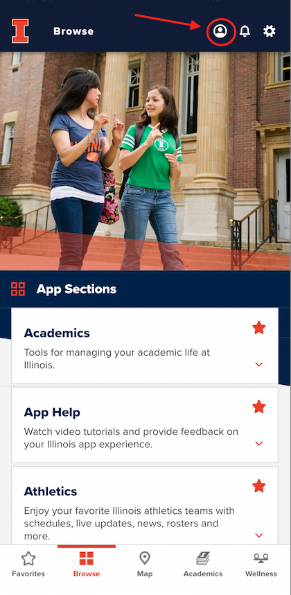 A screenshot of the Illinois App interface with a red arrow navigating to "Profile" on the right side of app's header.