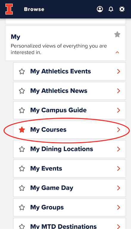 Screenshot shows the user back at the app's "Browse" section. The "My Courses" is circled in red.
