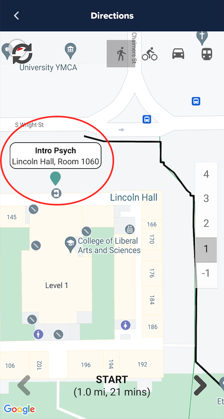 Screenshot shows the app's interface, showing what happens when you click on the course's location. The app loads a map of campus, focusing on the location of the Intro Psych class, Lincoln Hall Room 1060. The Map shows a black line leading user from their current location to the closest accessible entrance to Lincoln Hall.