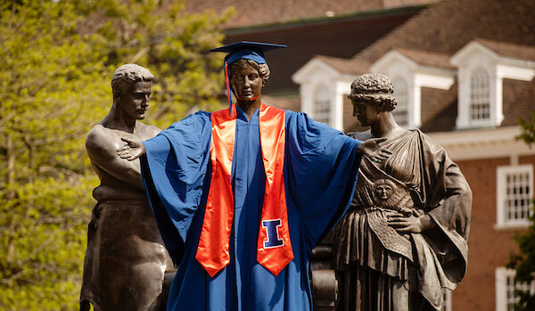 UIUC Alma Mater statue in cap and gown